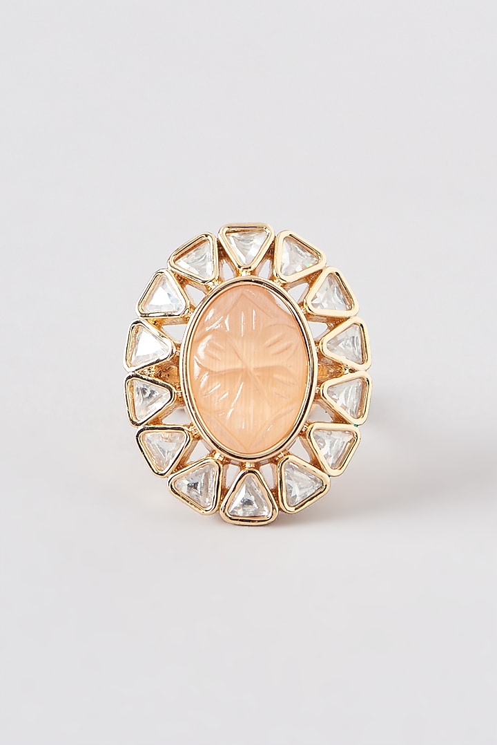 Gold Finish Kundan Polki & Peach Stone Ring by 20AM at Pernia's Pop Up Shop