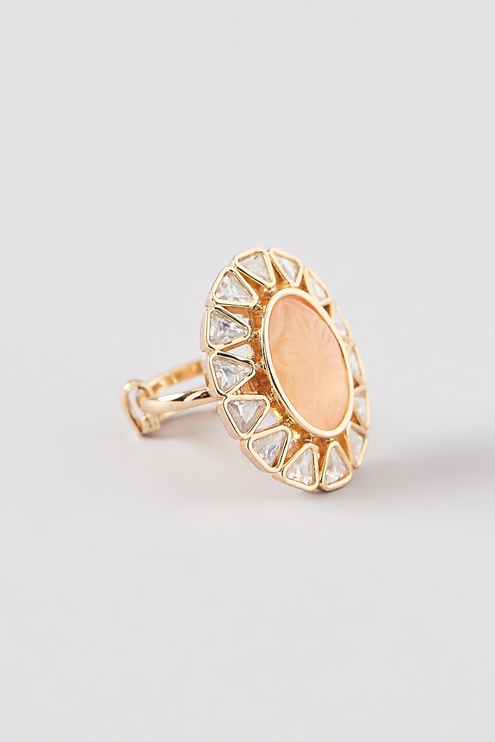 Gold Finish Kundan Polki & Peach Stone Ring by 20AM at Pernia's Pop Up Shop