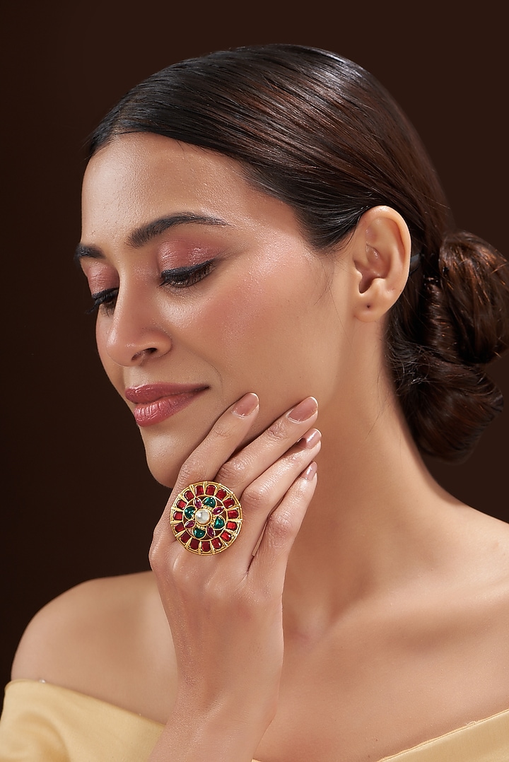 Gold Finish Multi-Colored Stone Ring by 20AM at Pernia's Pop Up Shop