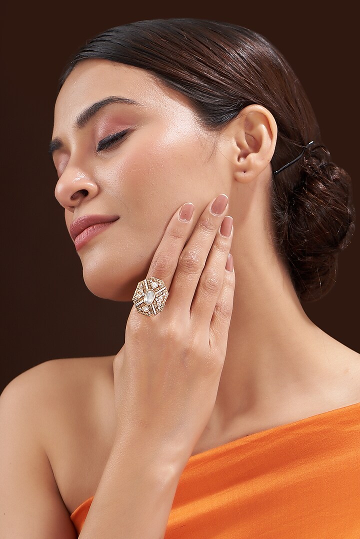 Gold Finish Kundan Polki Ring by 20AM at Pernia's Pop Up Shop