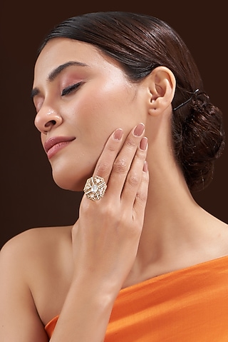 Gold Finish Kundan Polki Ring by 20AM