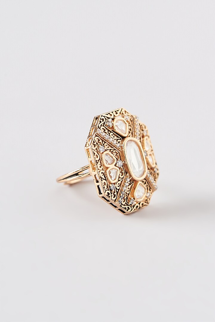 Gold Finish Kundan Polki Ring by 20AM at Pernia's Pop Up Shop