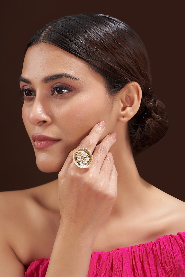 Gold Finish Kundan Polki Ring by 20AM at Pernia's Pop Up Shop