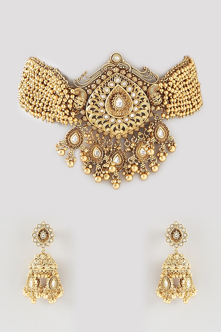 Gold Finish Kundan Polki Choker Temple Necklace Set by 20AM at Pernia's Pop Up Shop
