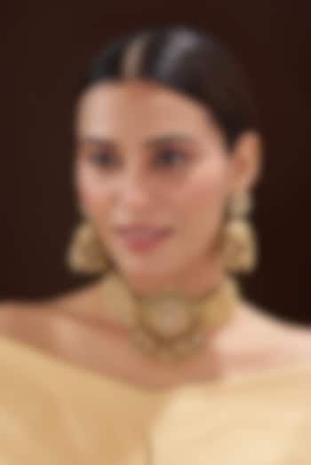 Gold Finish Kundan Polki Choker Temple Necklace Set by 20AM at Pernia's Pop Up Shop