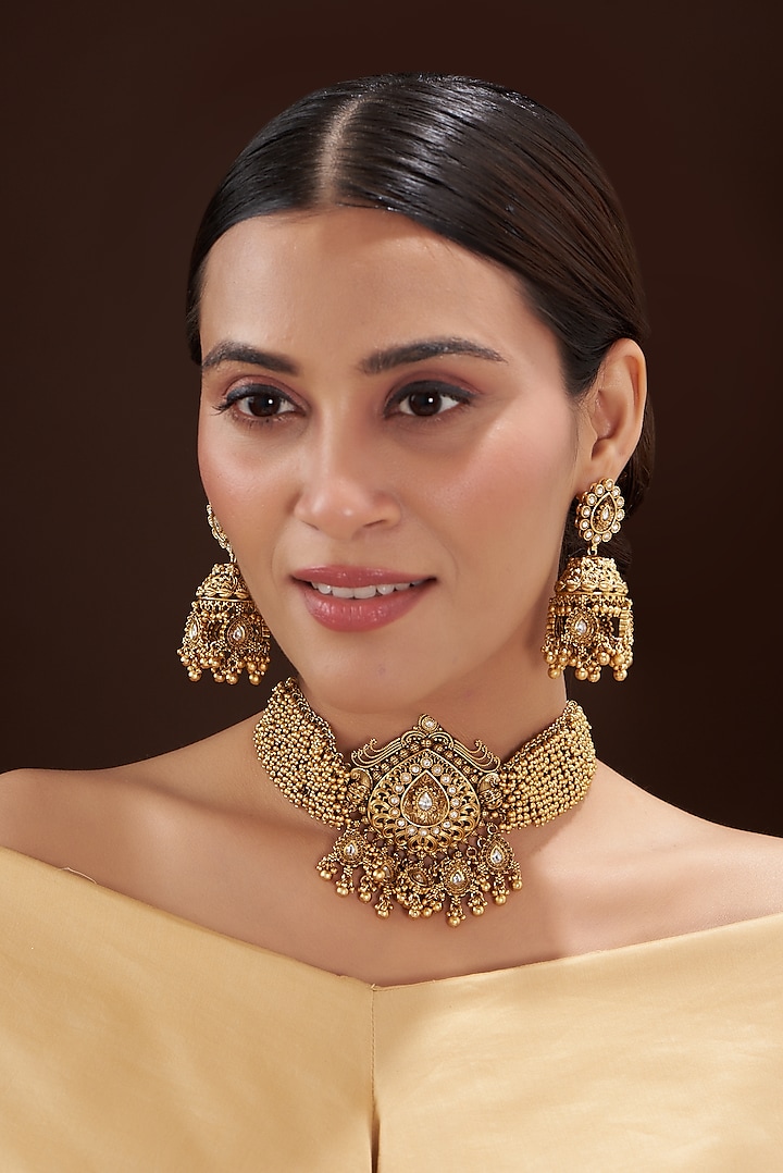 Gold Finish Kundan Polki Choker Temple Necklace Set by 20AM at Pernia's Pop Up Shop