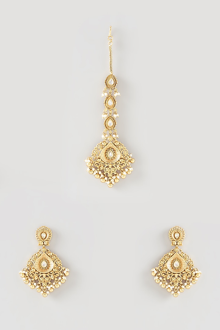 Gold Finish Kundan Polki Dangler Earrings With Maang Tikka by 20AM at Pernia's Pop Up Shop