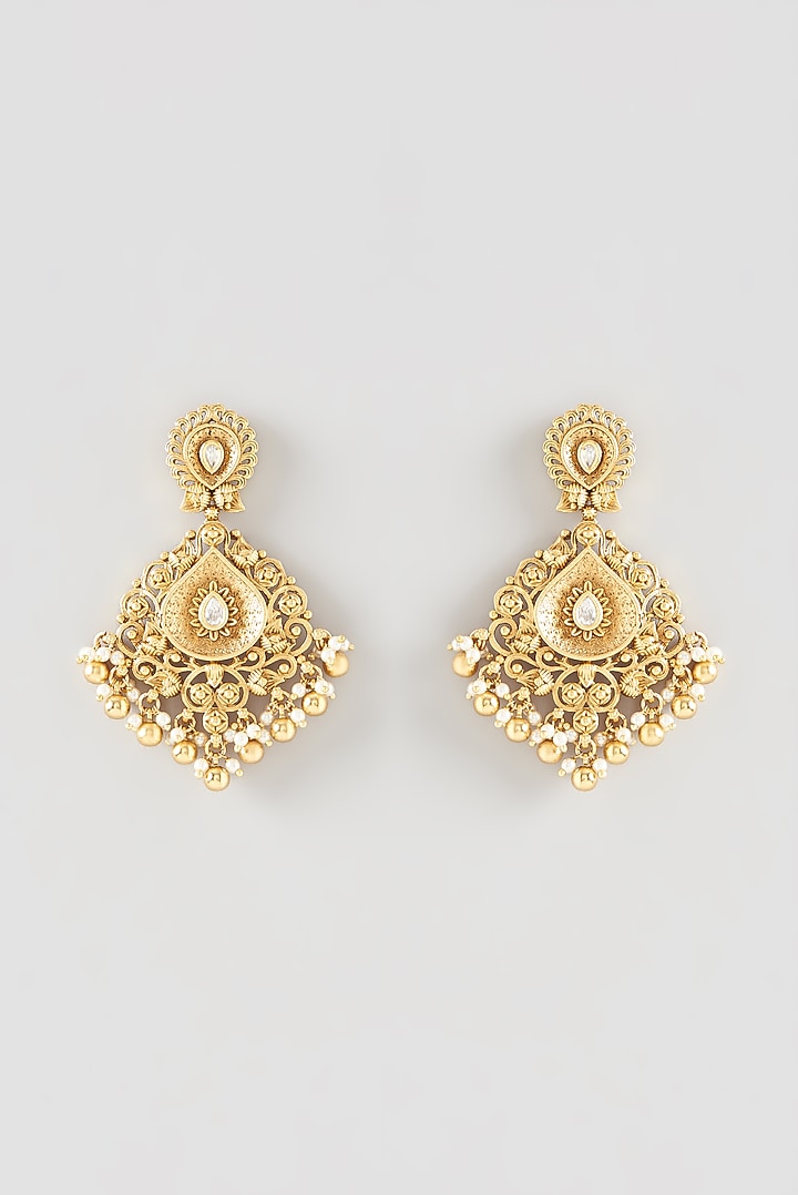 Gold Finish Kundan Polki Dangler Earrings With Maang Tikka by 20AM at Pernia's Pop Up Shop