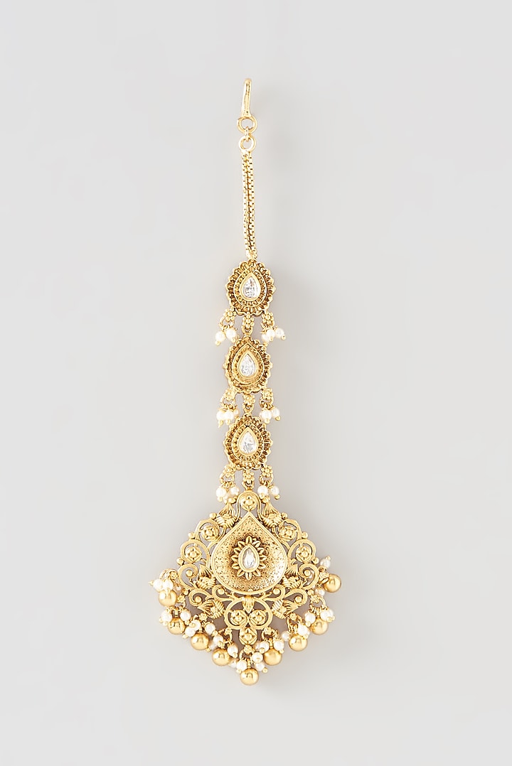Gold Finish Kundan Polki Dangler Earrings With Maang Tikka by 20AM at Pernia's Pop Up Shop