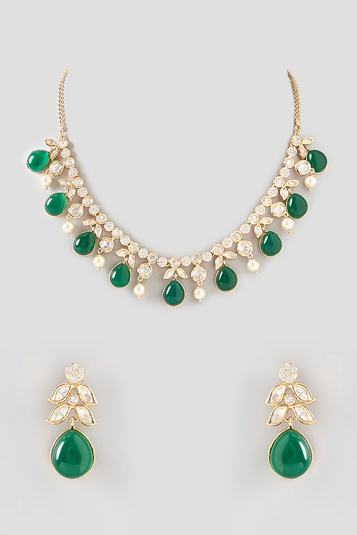 Gold Finish Kundan Polki & Green Stone Choker Necklace Set by 20AM at Pernia's Pop Up Shop