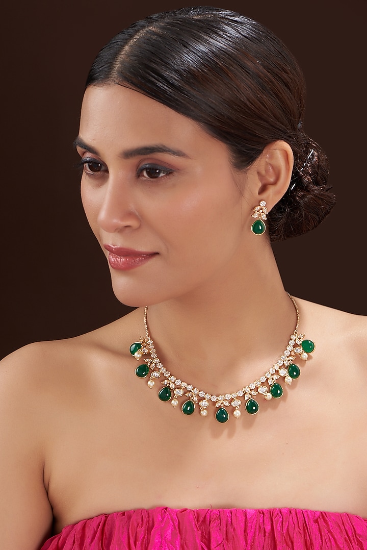 Gold Finish Kundan Polki & Green Stone Choker Necklace Set by 20AM at Pernia's Pop Up Shop