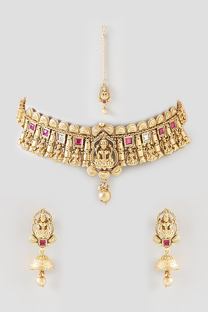 Gold Finish Red Synthetic Stone Temple Choker Necklace Set by 20AM at Pernia's Pop Up Shop