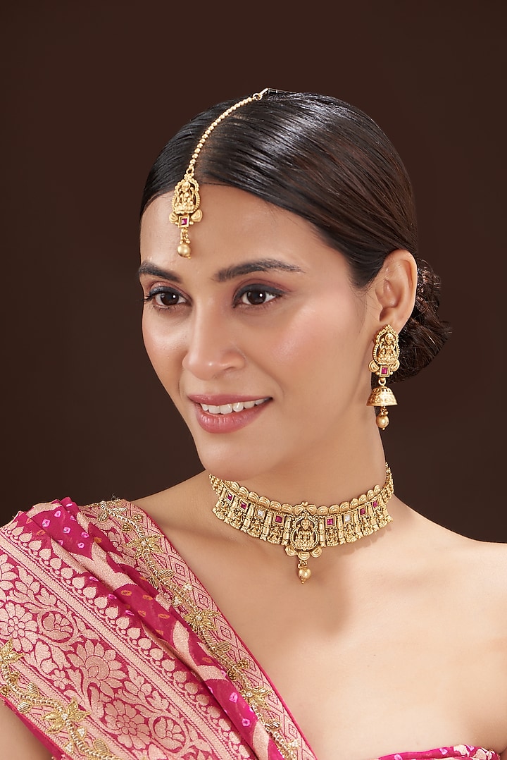 Gold Finish Red Synthetic Stone Temple Choker Necklace Set by 20AM at Pernia's Pop Up Shop