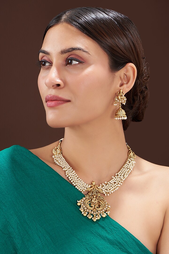 Gold Finish White Pearl Temple Choker Necklace Set by 20AM at Pernia's Pop Up Shop