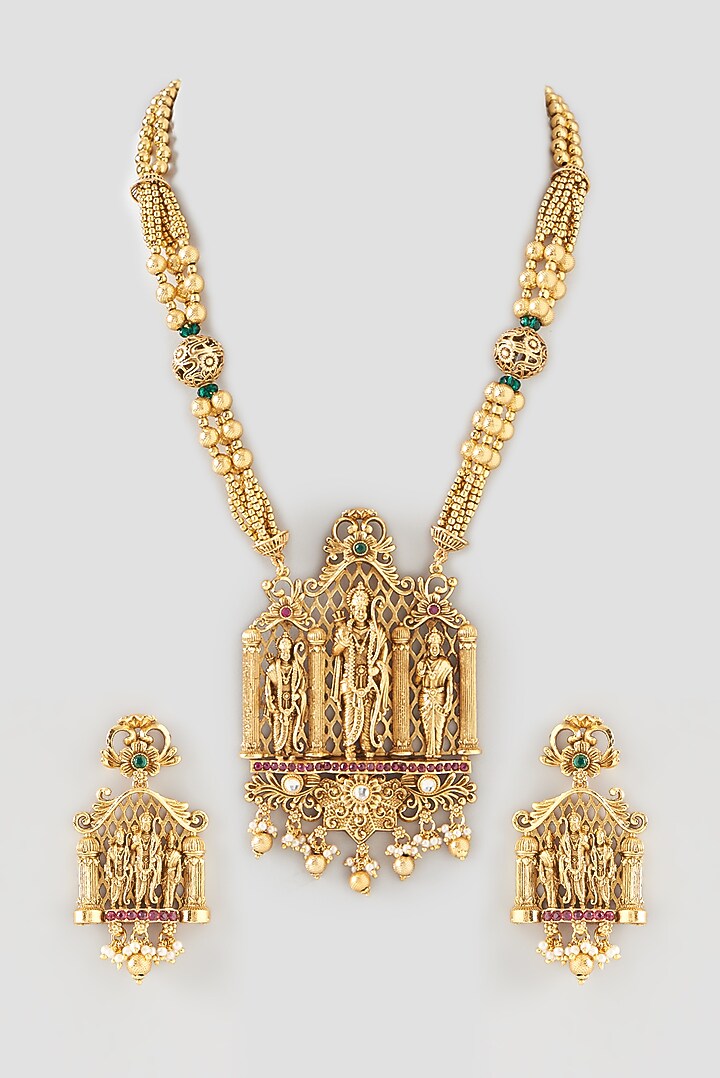 Gold Finish Motif Long Temple Necklace Set by 20AM at Pernia's Pop Up Shop