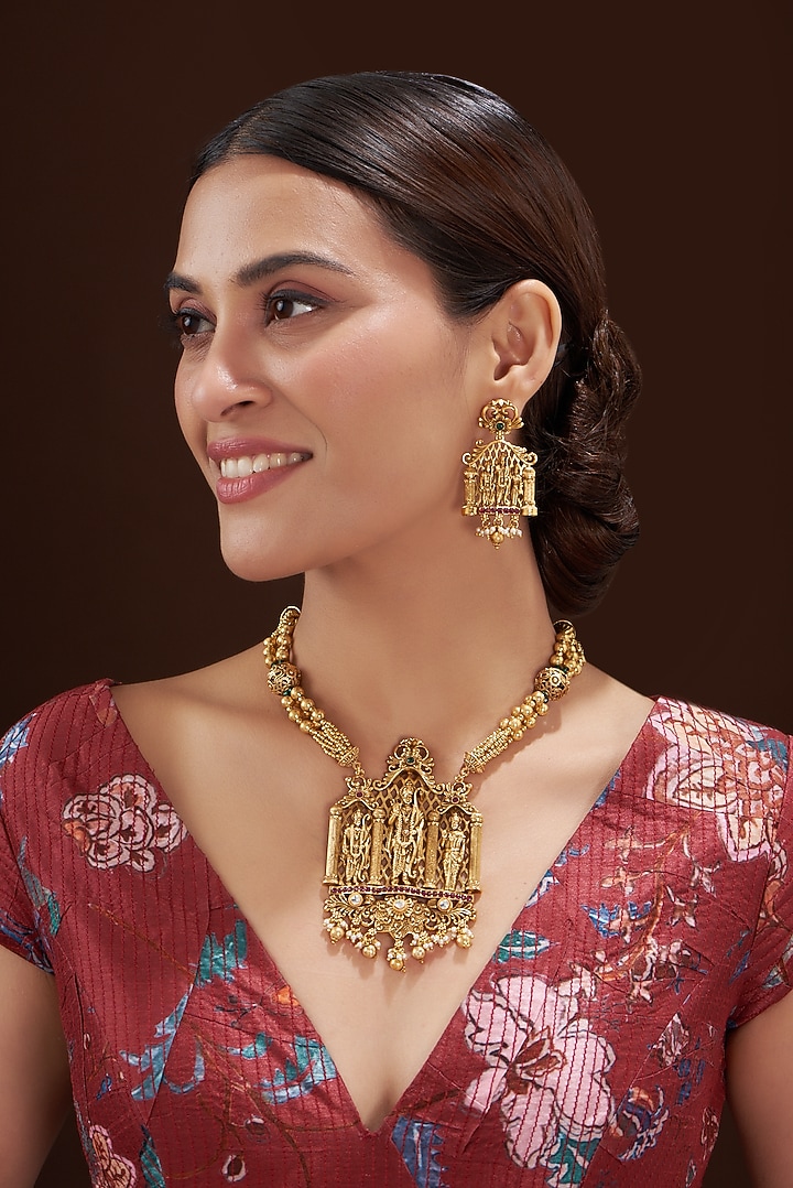 Gold Finish Motif Long Temple Necklace Set by 20AM at Pernia's Pop Up Shop