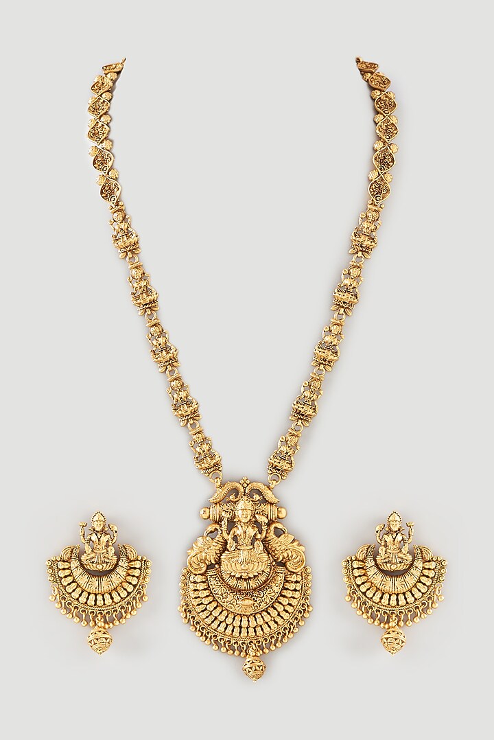 Gold Finish Beaded Long Temple Necklace Set by 20AM at Pernia's Pop Up Shop