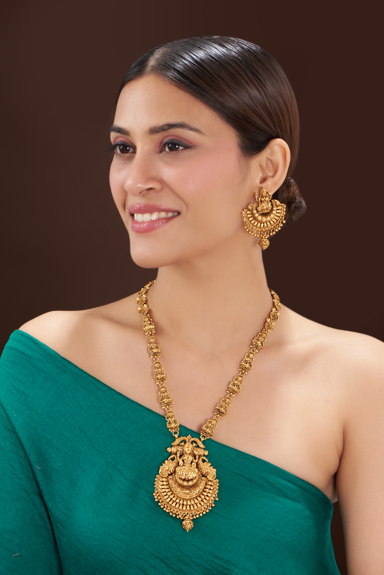 Gold Finish Beaded Long Temple Necklace Set by 20AM at Pernia's Pop Up Shop