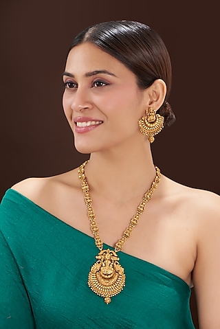 Gold Finish Beaded Long Temple Necklace Set by 20AM