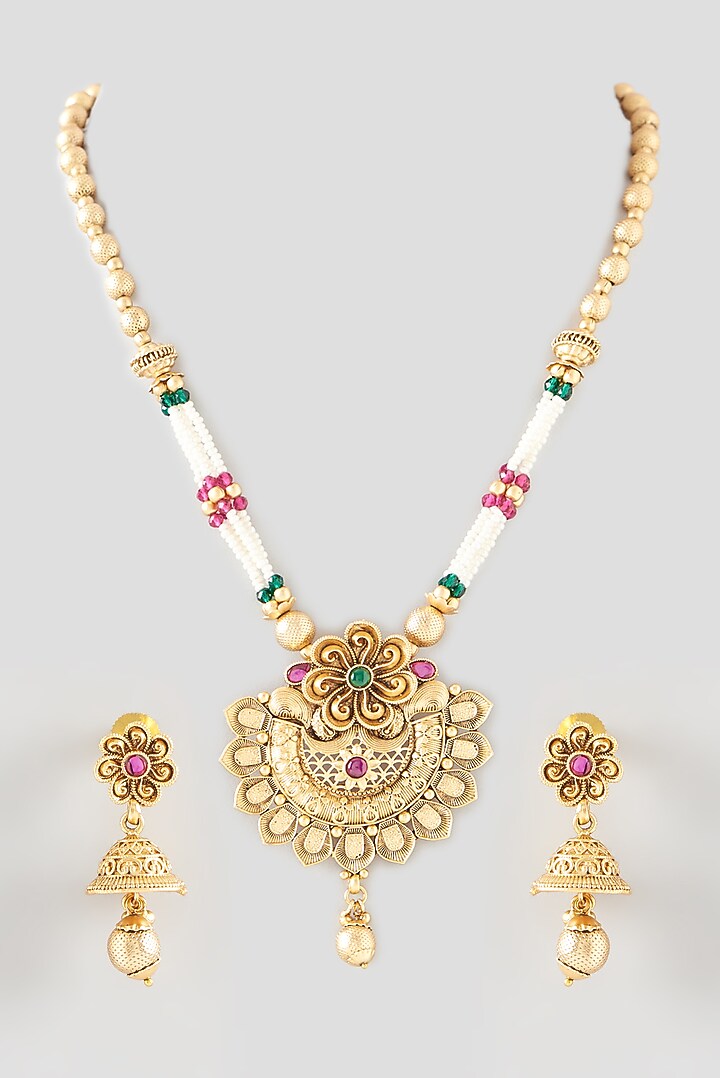 Gold Finish Beaded Long Temple Necklace Set by 20AM at Pernia's Pop Up Shop