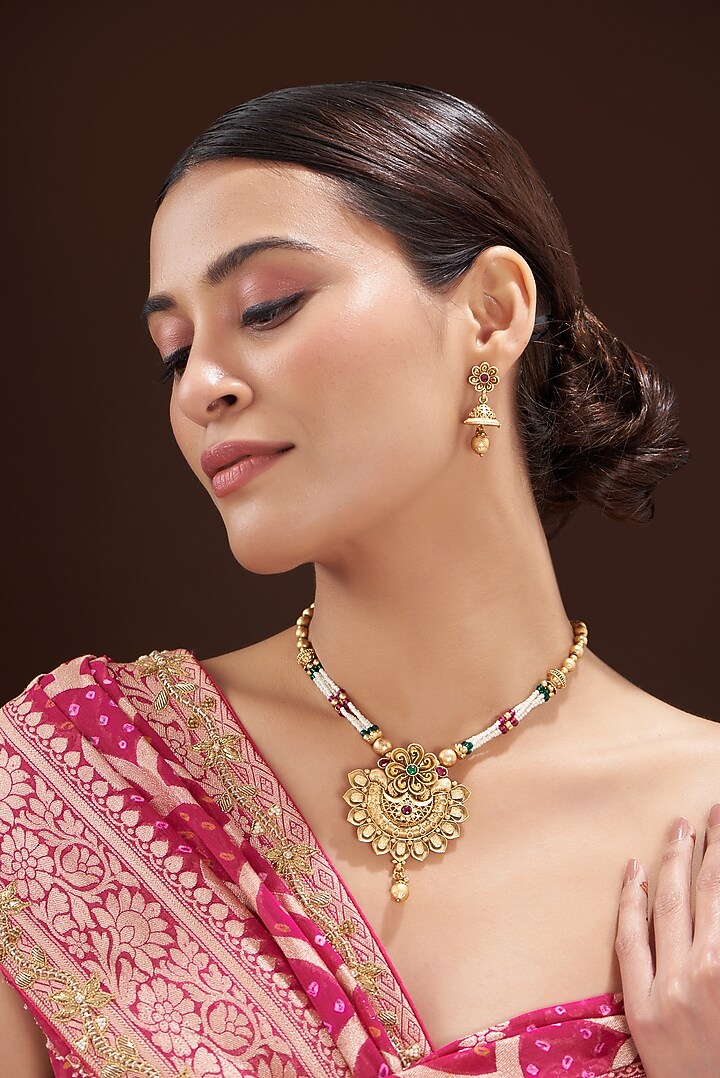 Gold Finish Beaded Long Temple Necklace Set by 20AM at Pernia's Pop Up Shop