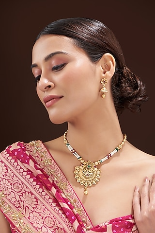 Gold Finish Beaded Long Temple Necklace Set by 20AM