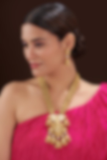 Gold Finish Kundan Polki Long Temple Necklace Set by 20AM at Pernia's Pop Up Shop