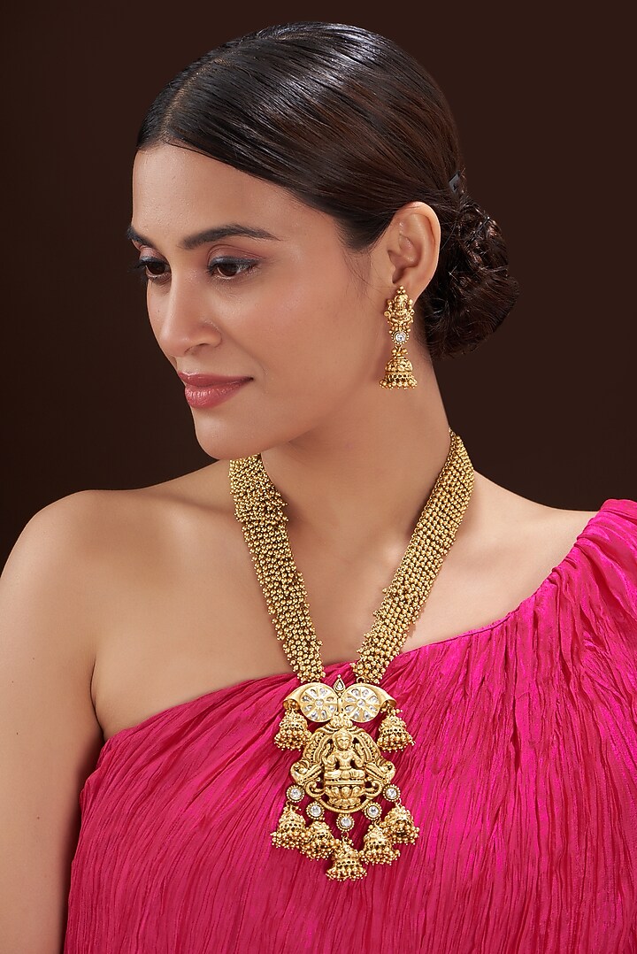 Gold Finish Kundan Polki Long Temple Necklace Set by 20AM at Pernia's Pop Up Shop