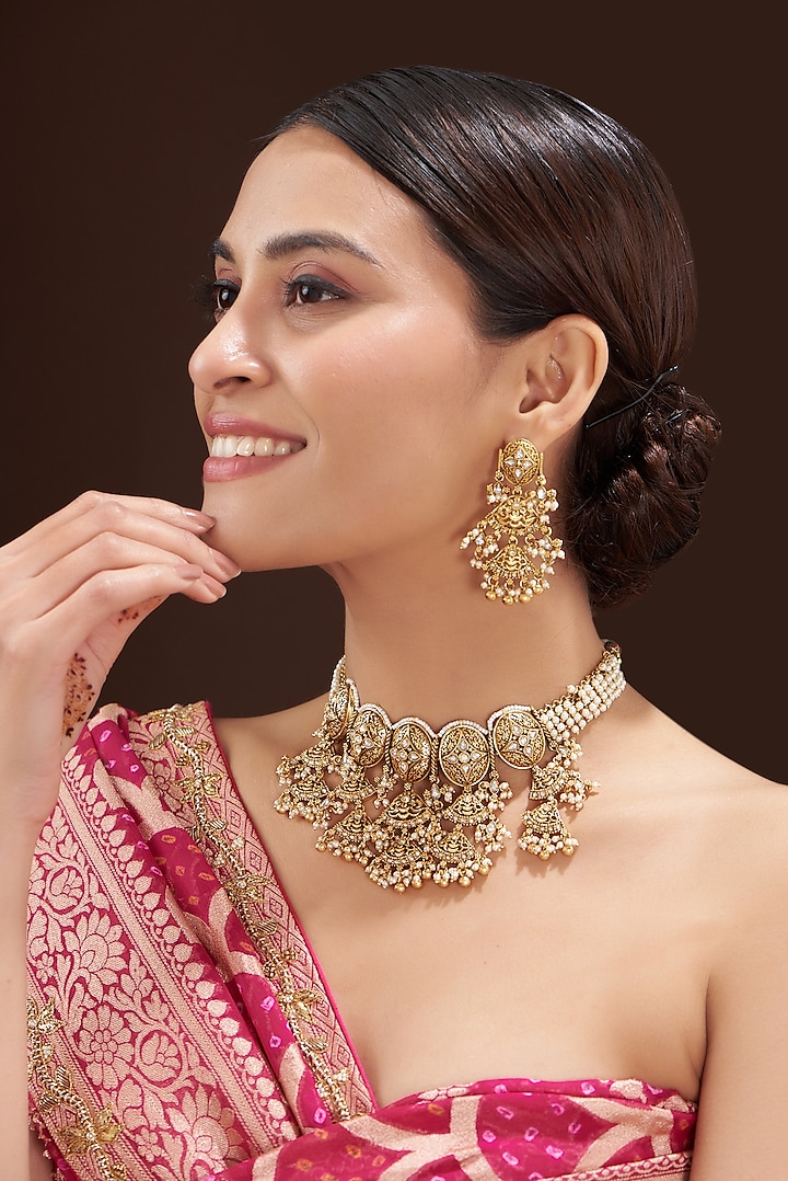 Two Tone Finish Kundan Polki & Shell Pearl Choker Necklace Set by 20AM at Pernia's Pop Up Shop