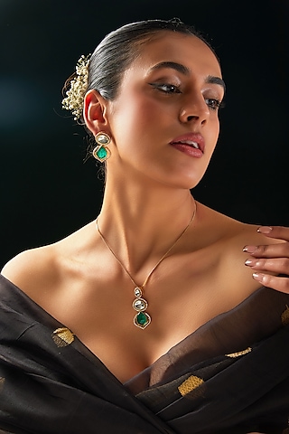 Gold Finish Kundan Polki & Green Stone Necklace Set by 20AM