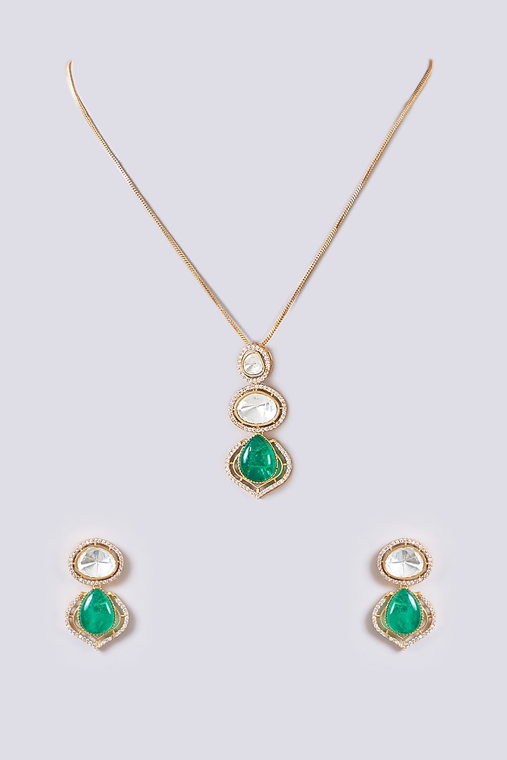 Gold Finish Kundan Polki & Green Stone Necklace Set by 20AM at Pernia's Pop Up Shop