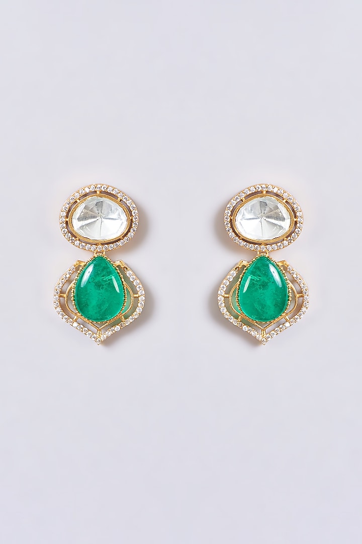 Gold Finish Kundan Polki & Green Stone Necklace Set by 20AM at Pernia's Pop Up Shop