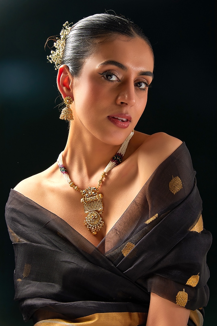 Gold Finish Kundan Polki & Gold Beaded Necklace Set by 20AM at Pernia's Pop Up Shop
