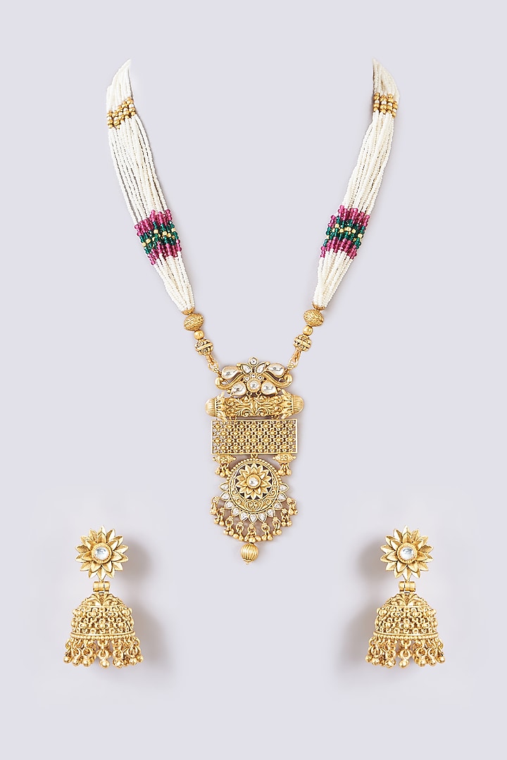 Gold Finish Kundan Polki & Gold Beaded Necklace Set by 20AM at Pernia's Pop Up Shop