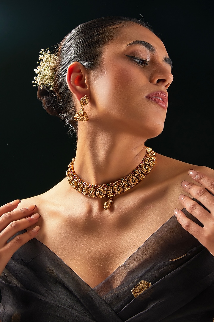 Gold Finish Red & Green Stone Temple Choker Necklace Set by 20AM at Pernia's Pop Up Shop