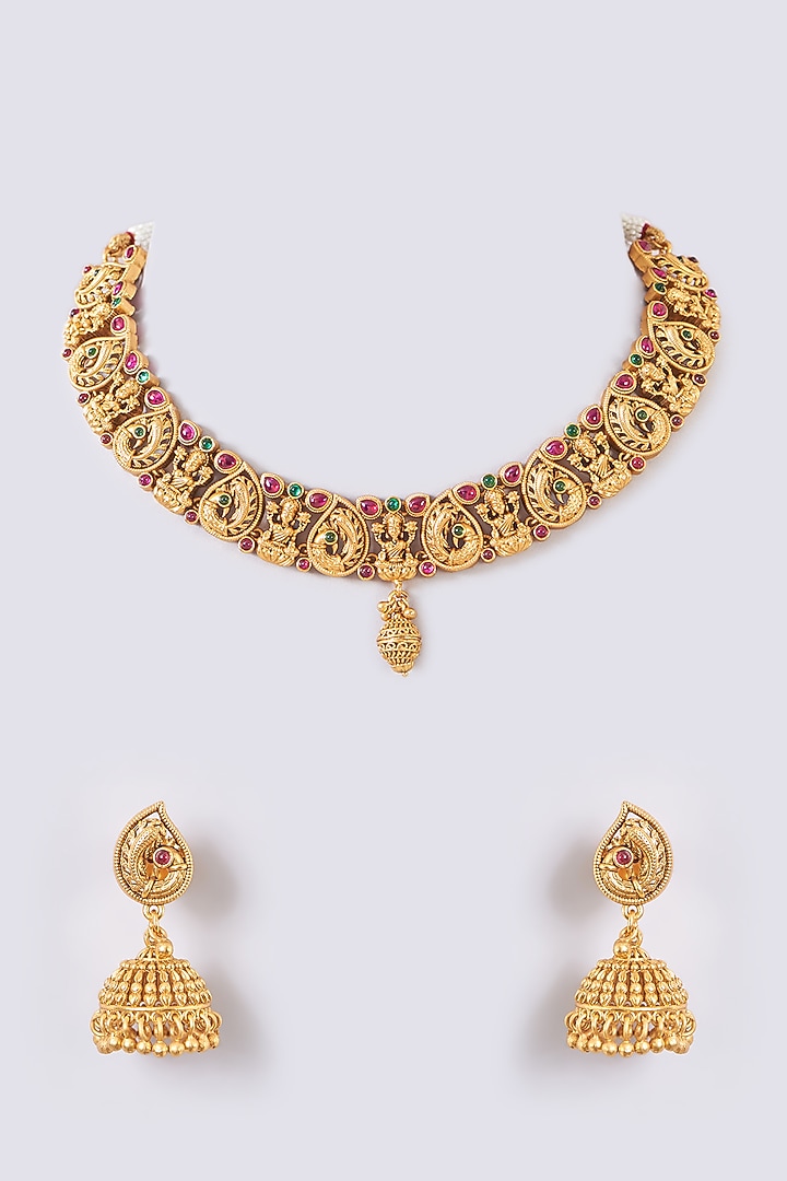 Gold Finish Red & Green Stone Temple Choker Necklace Set by 20AM at Pernia's Pop Up Shop