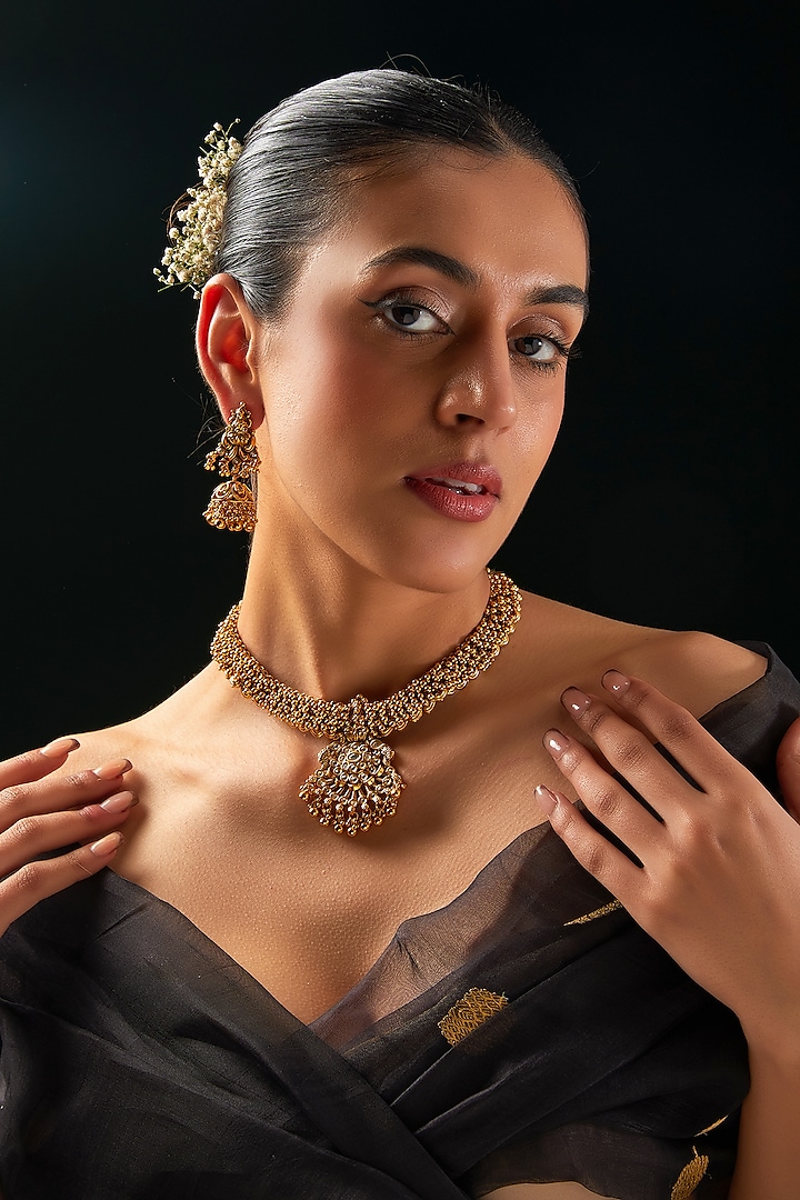 Gold Finish Kundan Polki & Metal Ball Temple Choker Necklace Set by 20AM at Pernia's Pop Up Shop