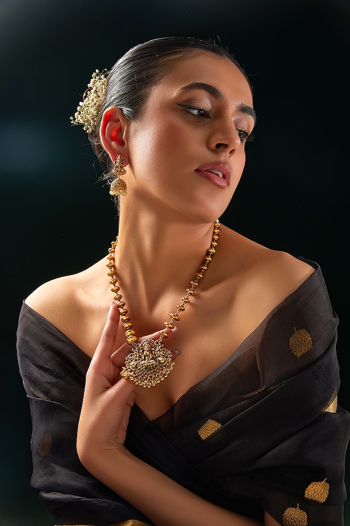 Gold Finish Pearl & Stone Necklace Set by 20AM
