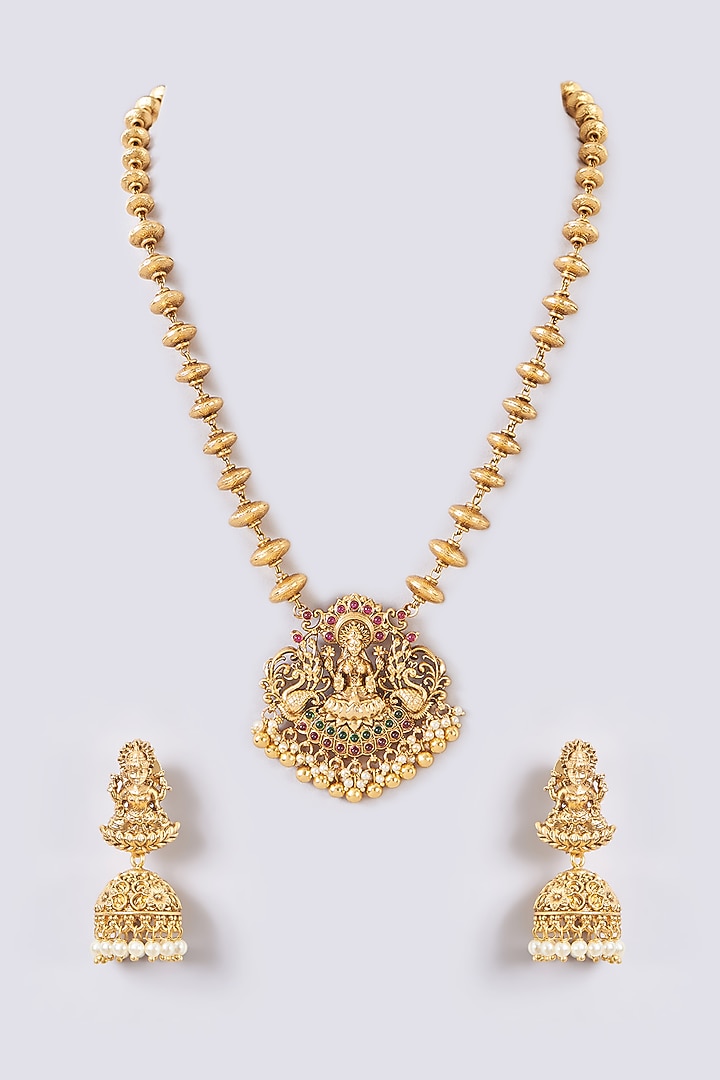 Gold Finish Pearl & Stone Necklace Set by 20AM at Pernia's Pop Up Shop