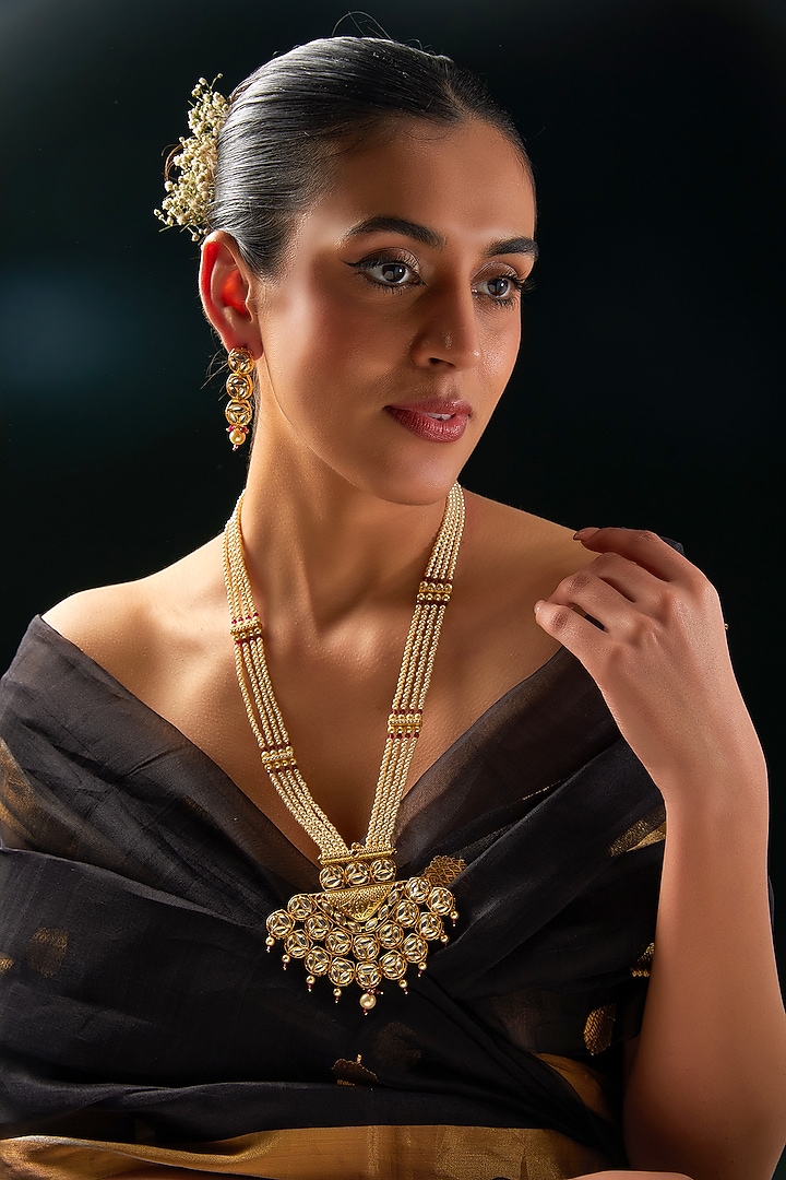 Gold Finish Kundan Polki & Pearl Long Necklace Set by 20AM at Pernia's Pop Up Shop