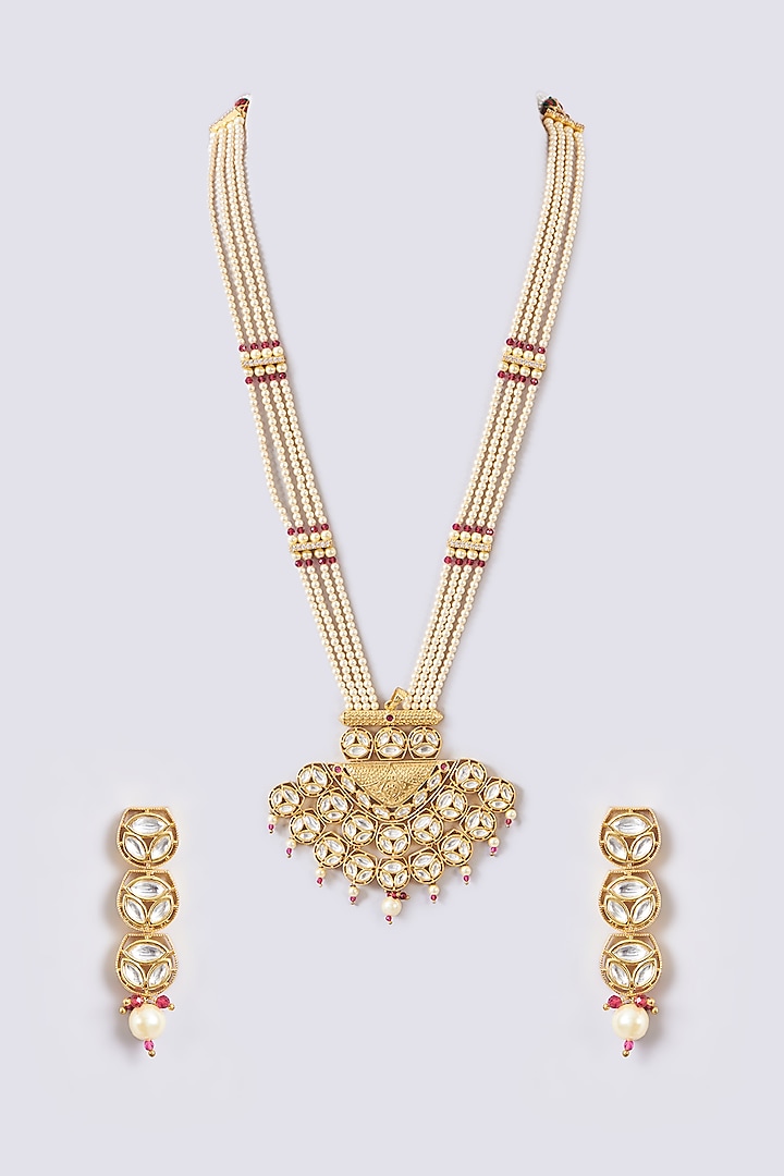 Gold Finish Kundan Polki & Pearl Long Necklace Set by 20AM at Pernia's Pop Up Shop