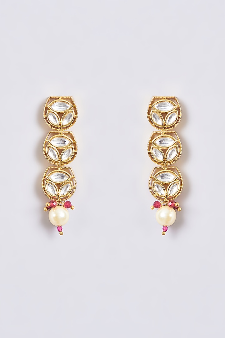 Gold Finish Kundan Polki & Pearl Long Necklace Set by 20AM at Pernia's Pop Up Shop