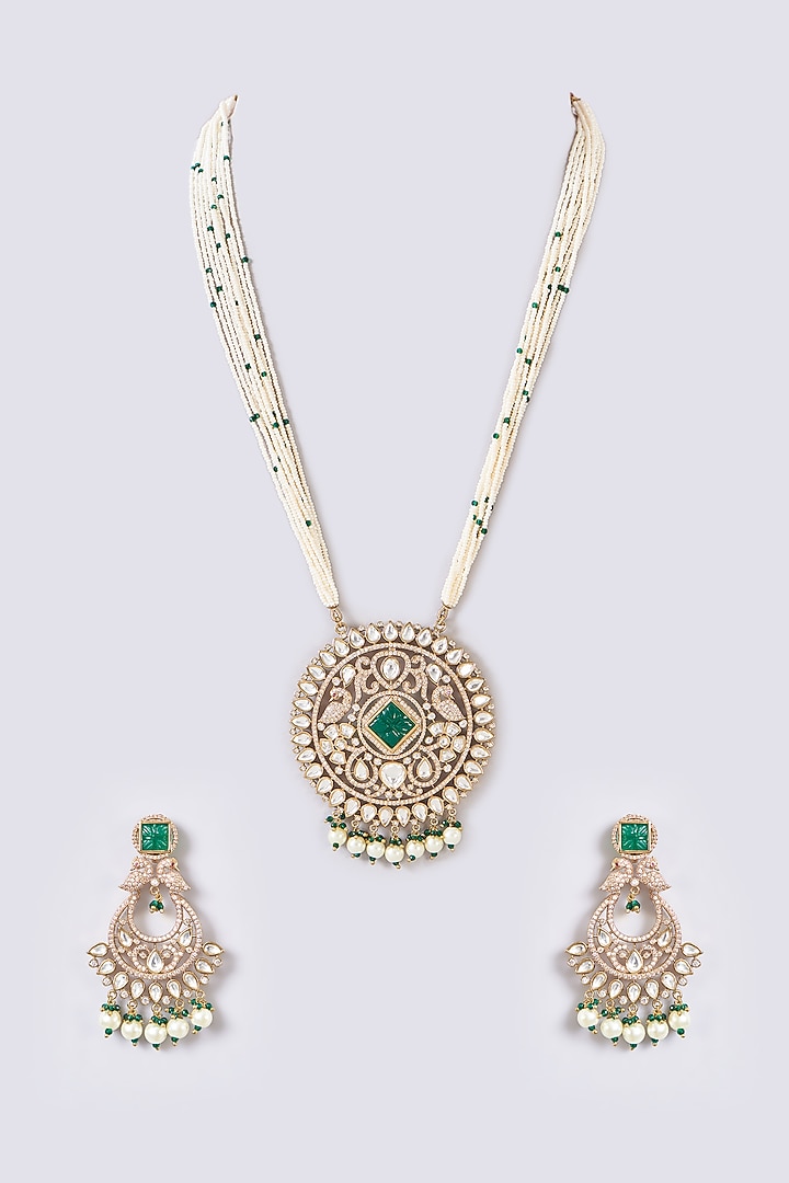 Gold Finish Kundan Polki & Zircon Necklace Set by 20AM at Pernia's Pop Up Shop