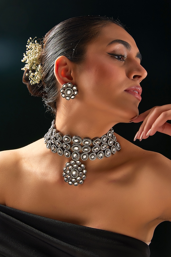Black Rhodium Finish Kundan Polki & Zircon Choker Necklace Set by 20AM at Pernia's Pop Up Shop