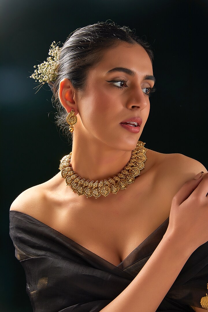Gold Finish Red Stone Temple Choker Necklace Set by 20AM at Pernia's Pop Up Shop