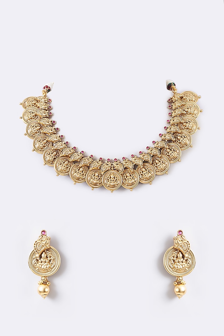Gold Finish Red Stone Temple Choker Necklace Set by 20AM at Pernia's Pop Up Shop