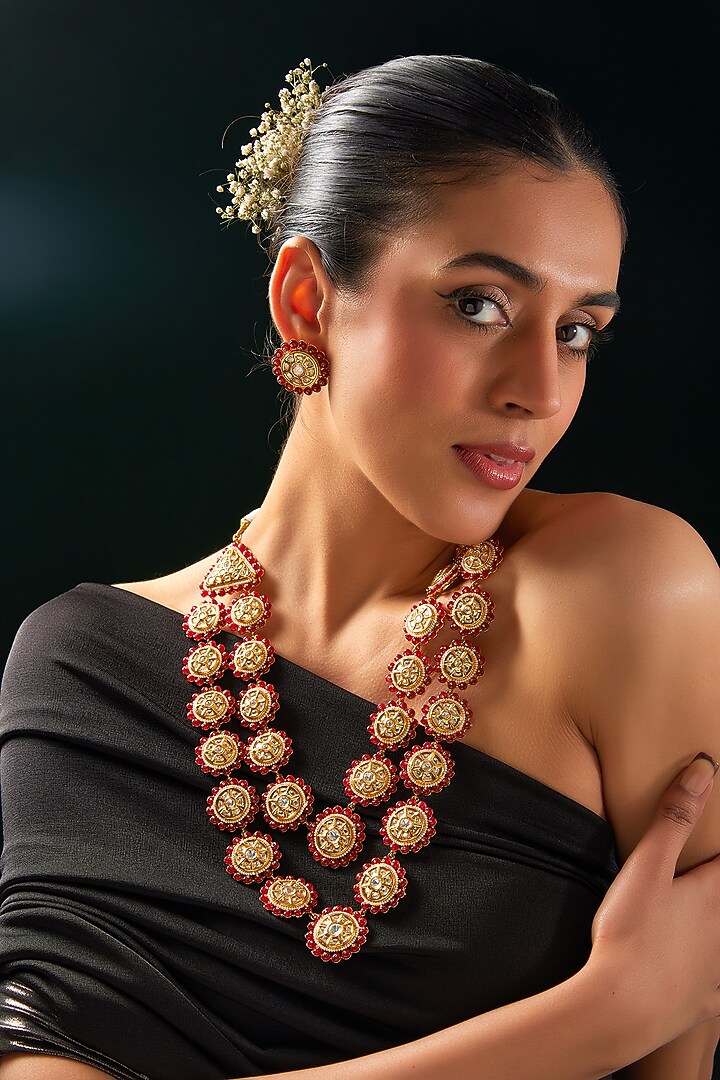 Gold Finish Kundan Polki & Red Stone Layered Necklace Set by 20AM at Pernia's Pop Up Shop