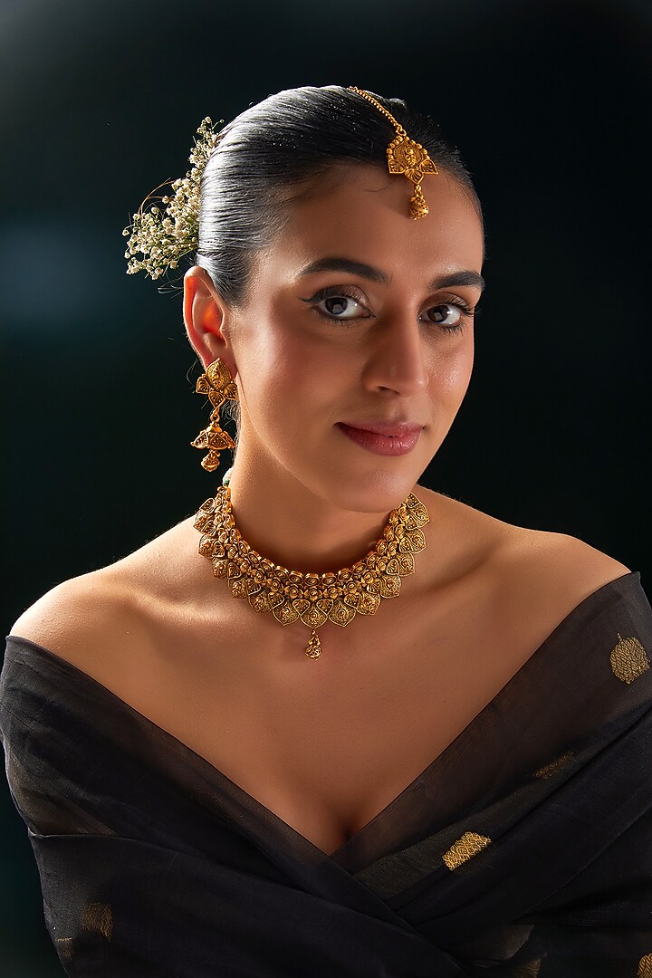 Gold Finish Floral Motif Temple Choker Necklace Set by 20AM at Pernia's Pop Up Shop