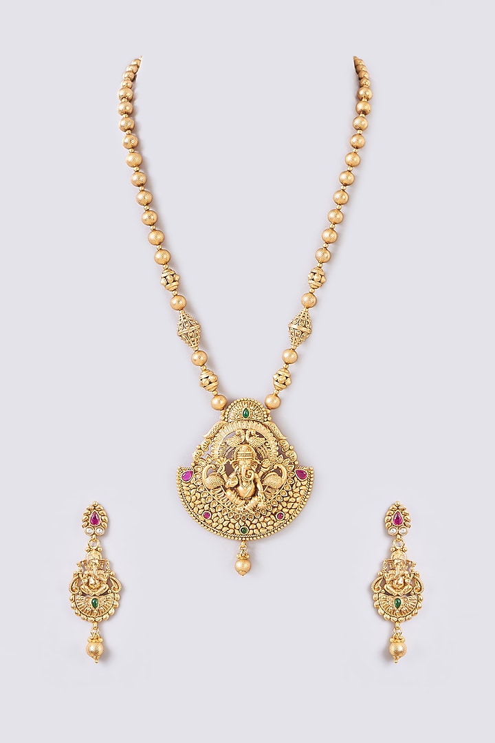Gold Finish Kundan Polki & Multi-Colored Stone Temple Necklace Set by 20AM at Pernia's Pop Up Shop