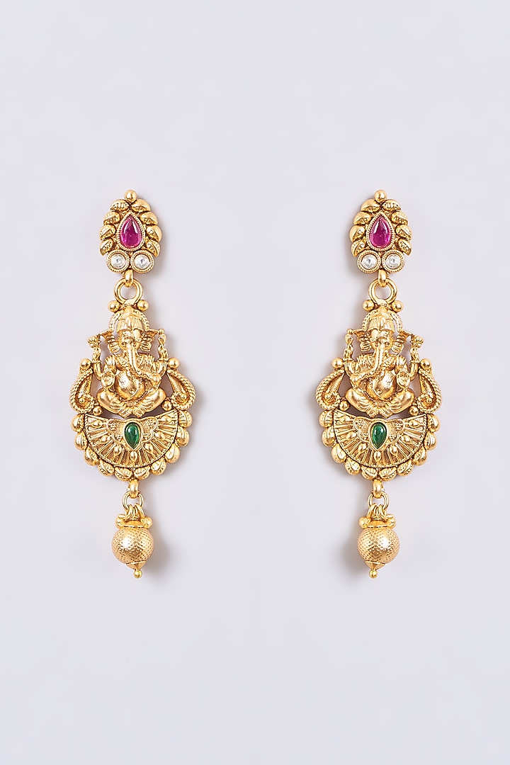Gold Finish Kundan Polki & Multi-Colored Stone Temple Necklace Set by 20AM at Pernia's Pop Up Shop